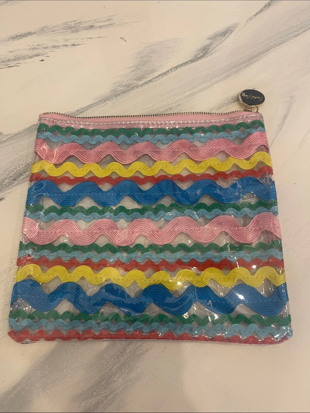 NWOT Packed Party Pink, Blue, Yellow & Green Wavy Stripe Clear Cosmetic Pouch